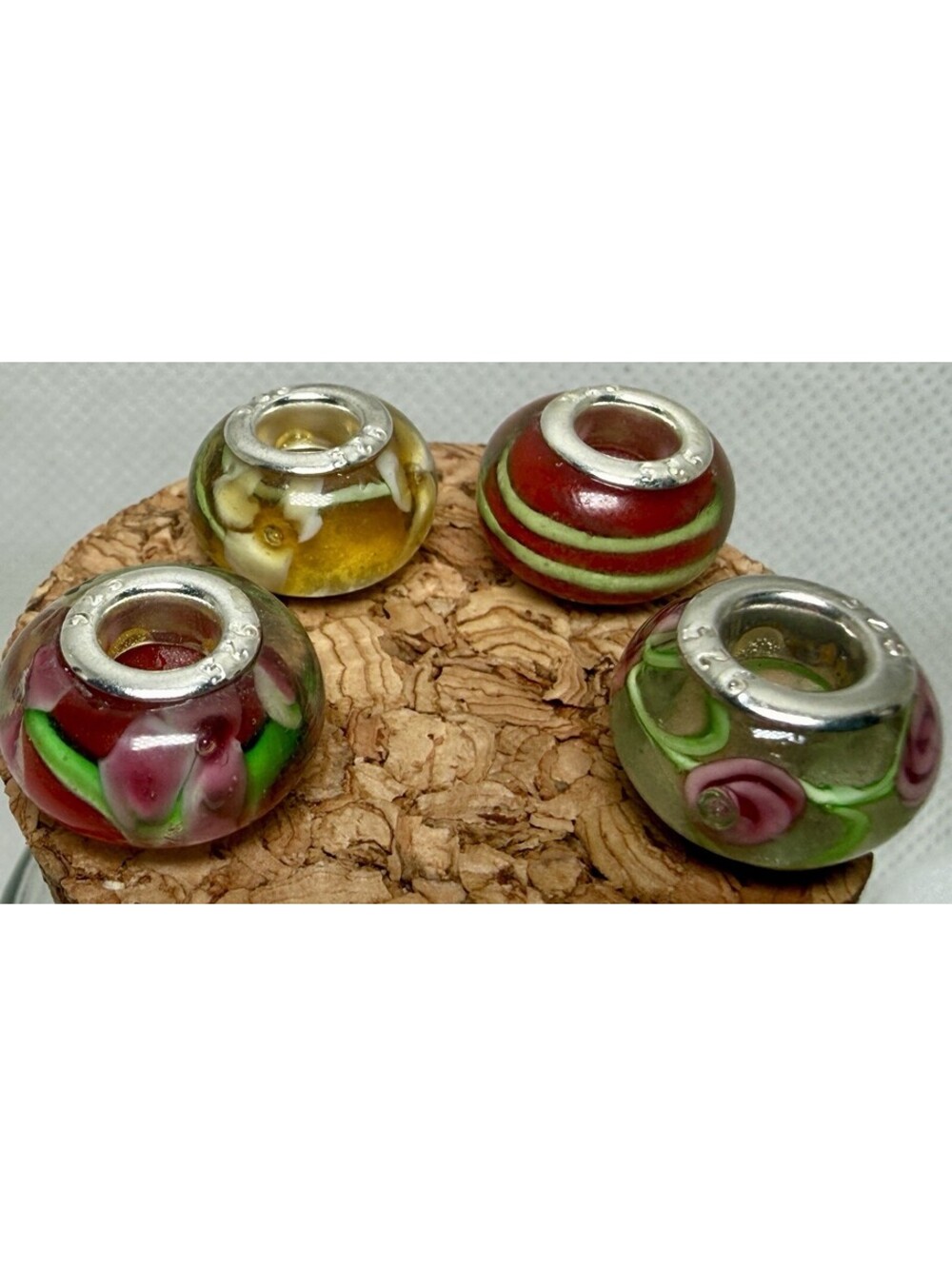 Lot of 4 Murano Glass Beads Charms - 925 Sterling Silver Cores - Floral #2